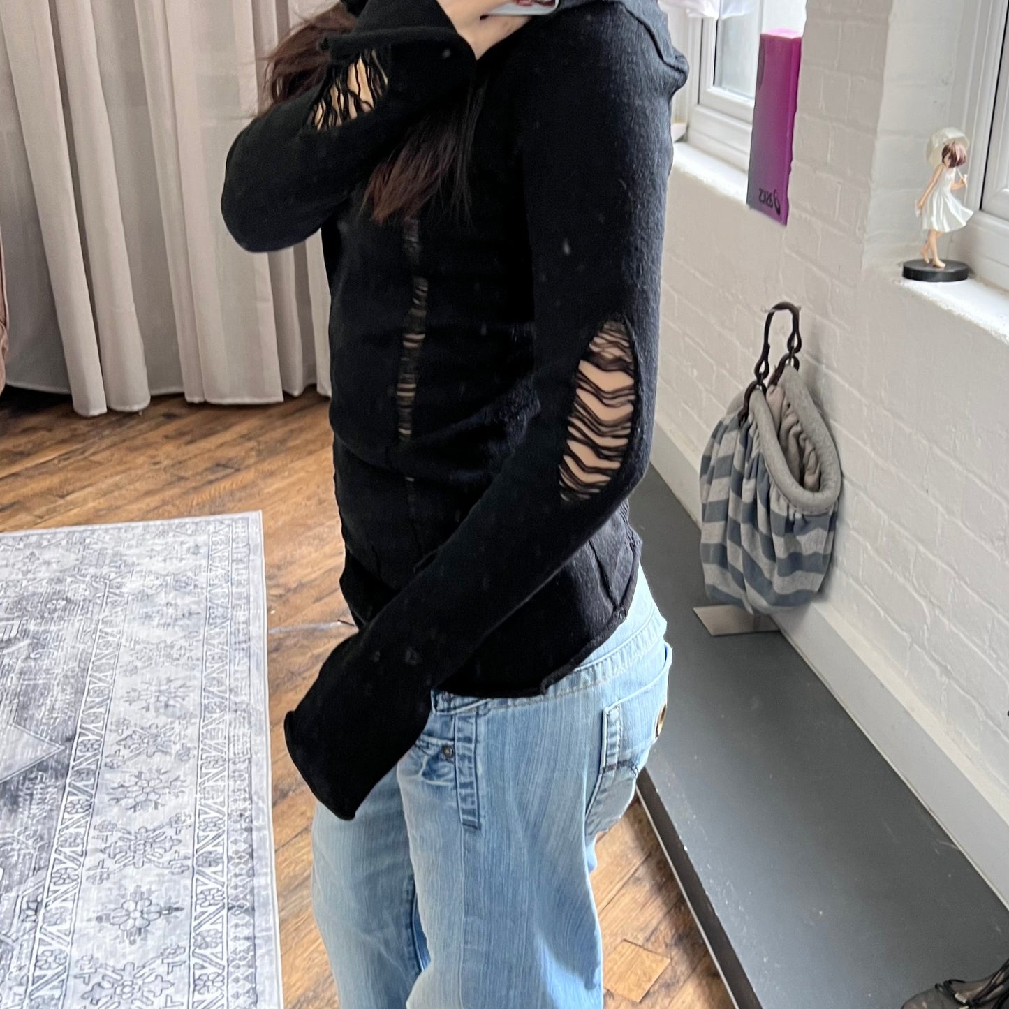 vintage hysterics rock and punk black long sleeve cobweb open distressed knit top