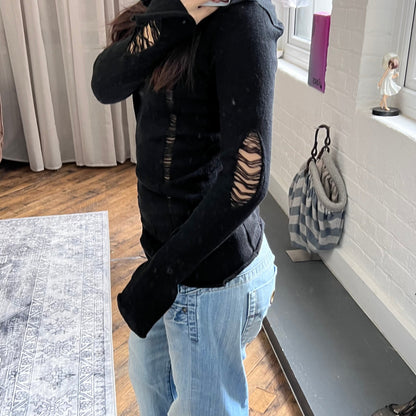 vintage hysterics rock and punk black long sleeve cobweb open distressed knit top