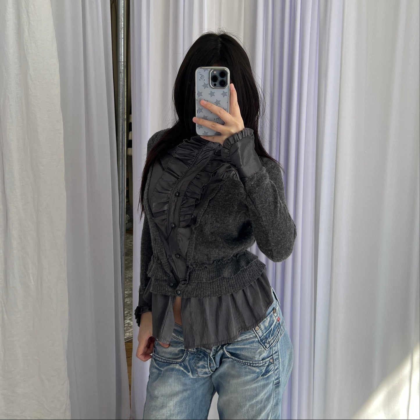 Fantasie Purple Grey Wool Blend High Neck Ruffle Collar Satin Blouse Knit Cardigan Two in One Top