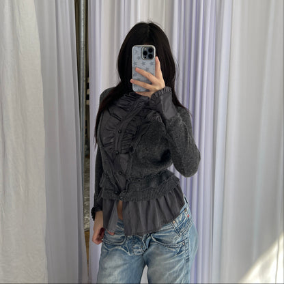 Fantasie Purple Grey Wool Blend High Neck Ruffle Collar Satin Blouse Knit Cardigan Two in One Top