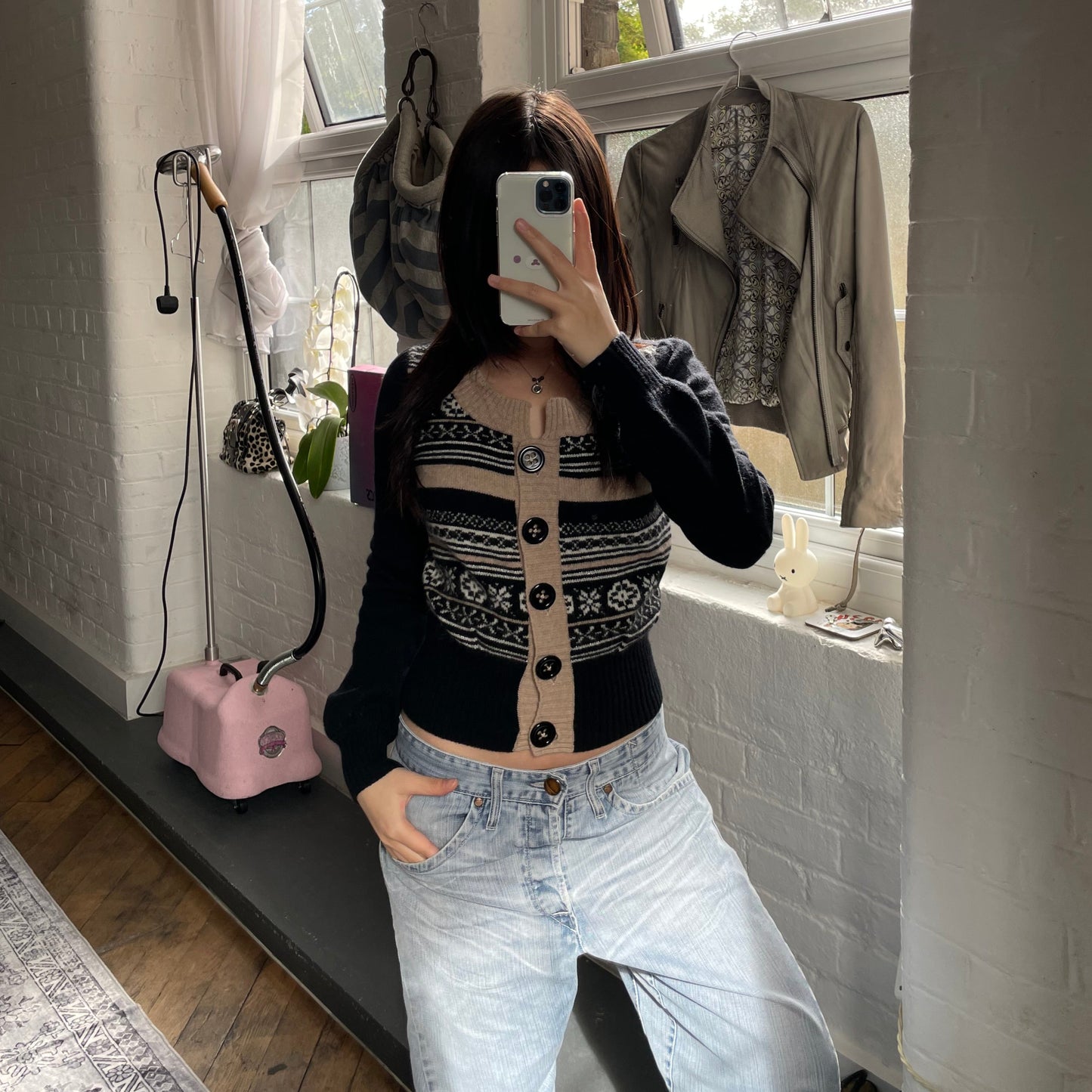 Nanette Lepore 安哥拉混纺黑色米色冬季雪花印花短款开衫