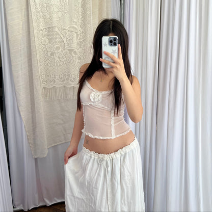 Imperial White Boho Rosette Frill Trim Sheer Camisole