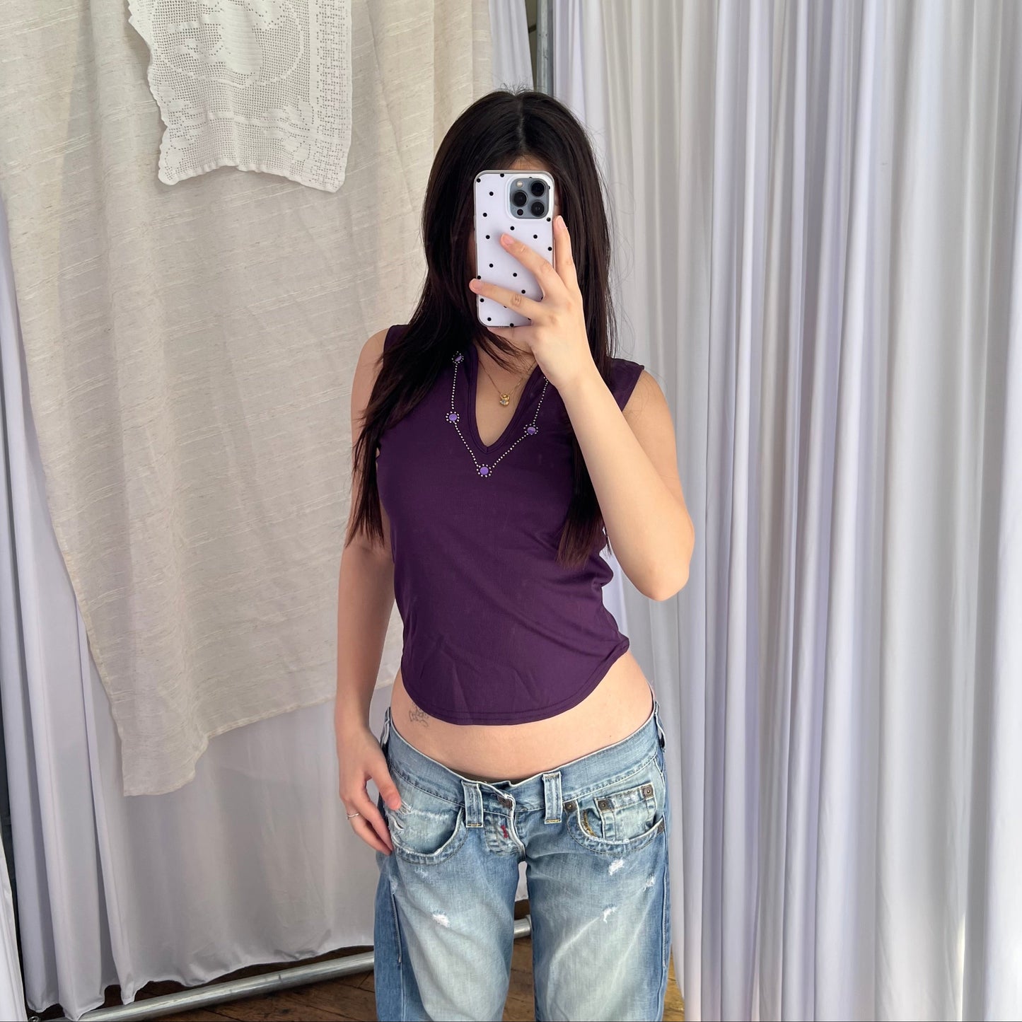 90s Morgan De Toi Dark Purple Sequin Stud V Neck Vest Top