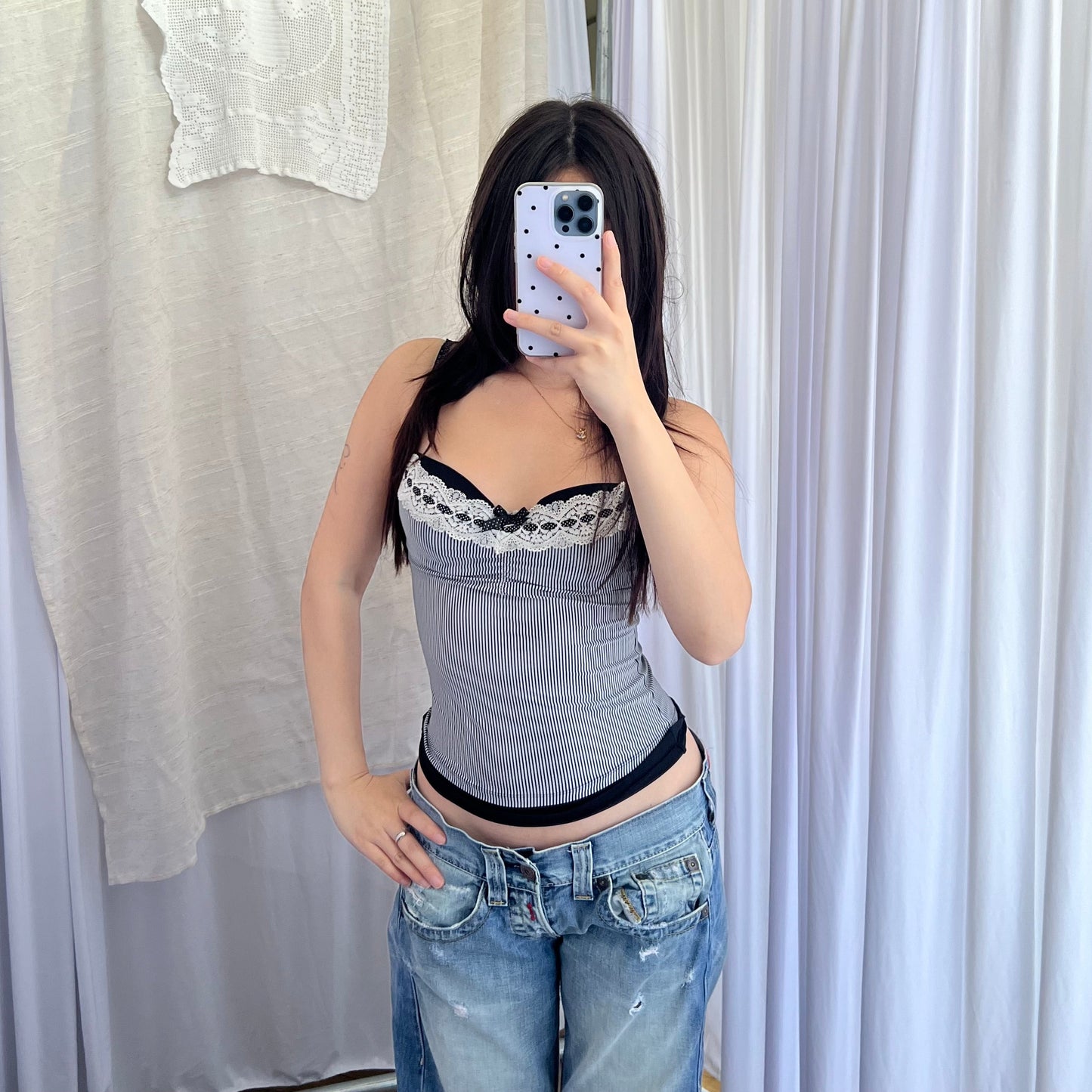 Jennyfer Striped Black Lacey Trim Balconette Bustier Corset Top