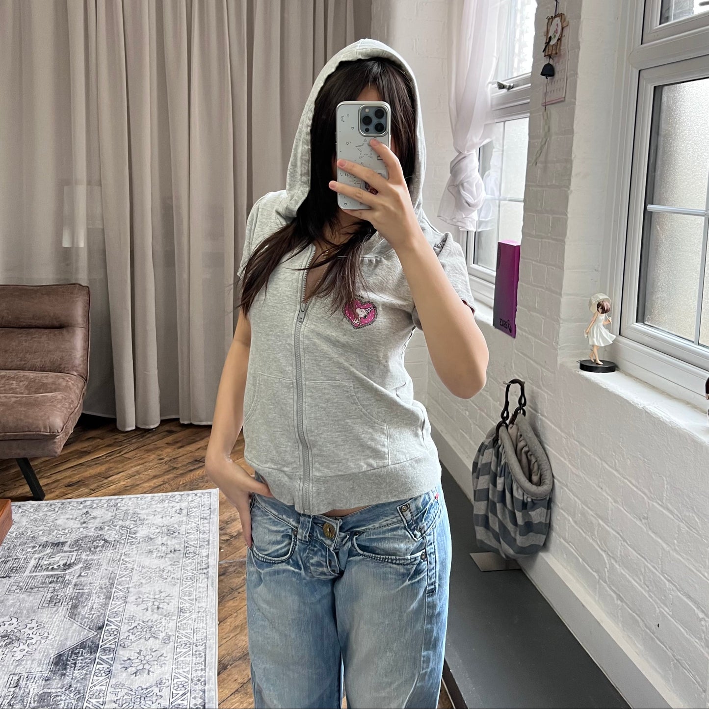 grey preppy y2k peanuts snoopy heart short sleeve zip hoodie