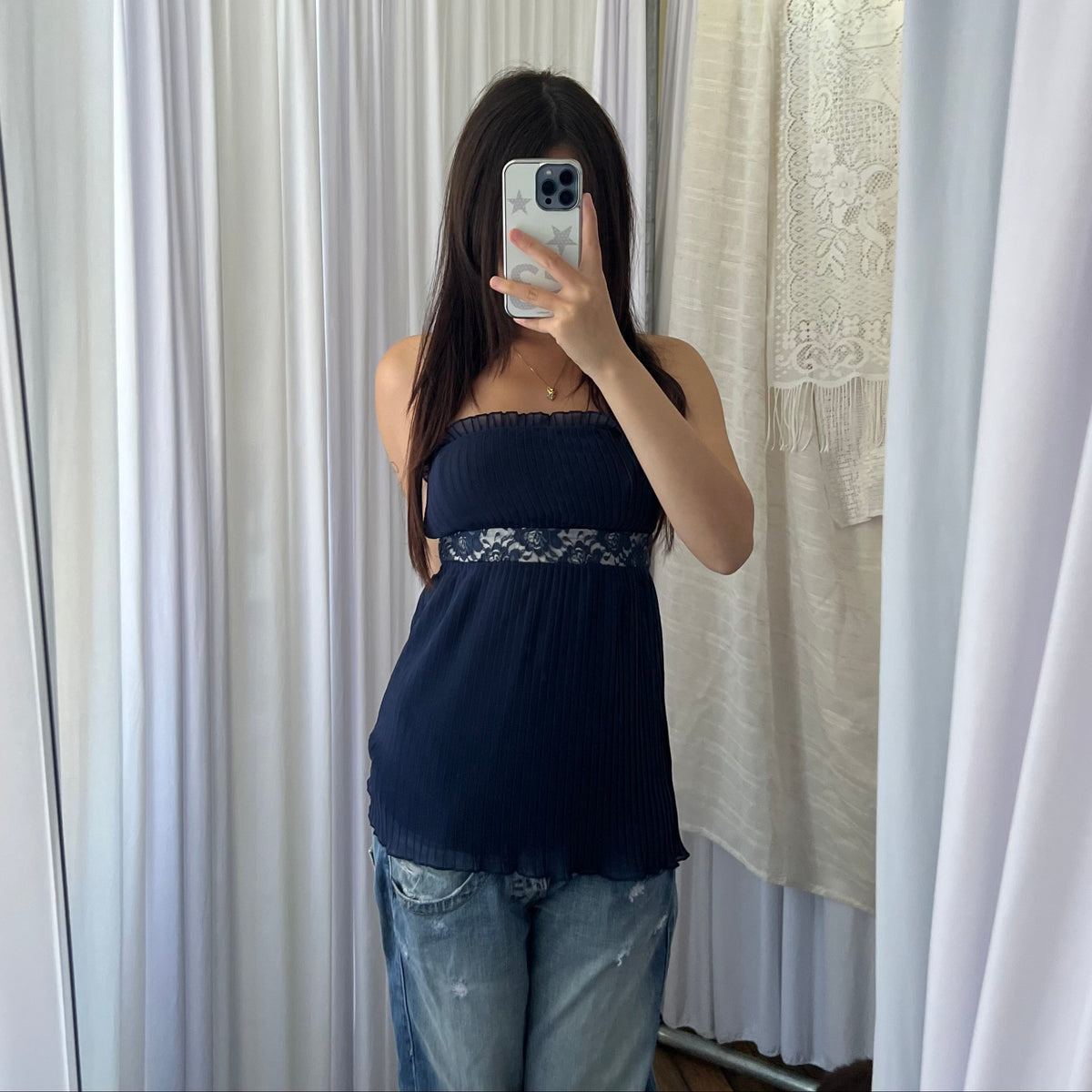 Intimissimi Navy Pleated Lace Ribbon Flared Sleeveless Bandeau Top