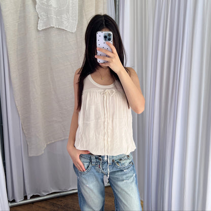 Miss Sixty White Ribbed Puff Hem Mixed Material Blouson Vest Top