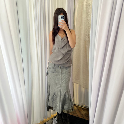 DDP Grey Khaki Ruffle Flared Mermaid Hem Midi Skirt
