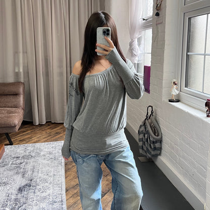 grey denny rose ruched ribbed hem puff sleeves lightweight pullover top