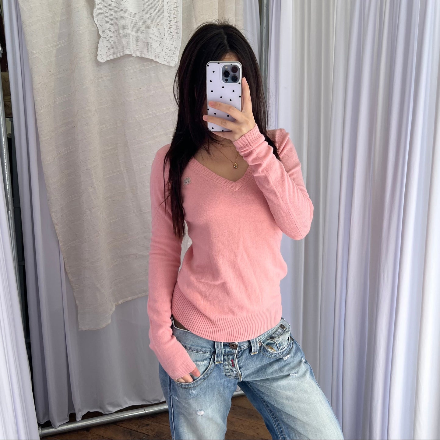 Pink Burberry Blue Label Wool Knit V Neck Sweater