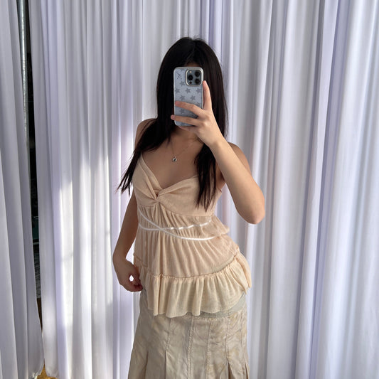 Kookai Apricot Beige Ruched Bust Ruffle Hem Criss Cross Babydoll Camisole