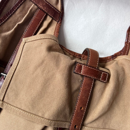 Vintage E.b.agos Tan Brown Beige Trench Style Leather Accent Buckle Strap Shoulder Bag