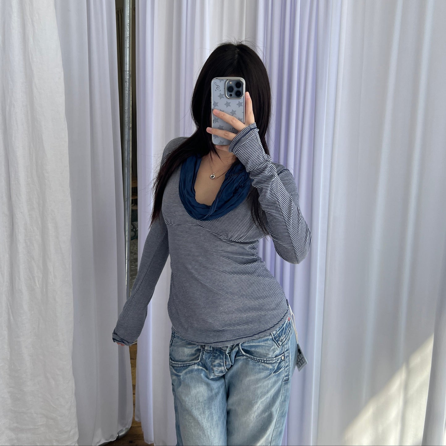 Navy Fornarina Cowl Neck Fitted Striped Cotton Silk Blend Long Sleeve Top