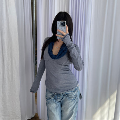 Navy Fornarina Cowl Neck Fitted Striped Cotton Silk Blend Long Sleeve Top