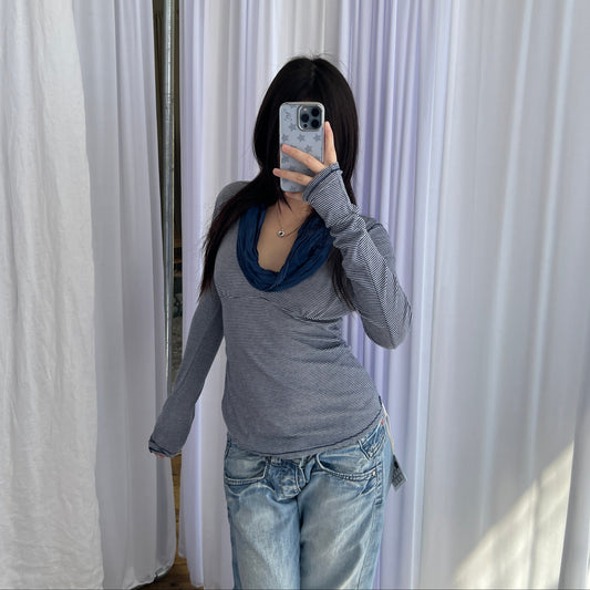 Navy Fornarina Cowl Neck Fitted Striped Cotton Silk Blend Long Sleeve Top