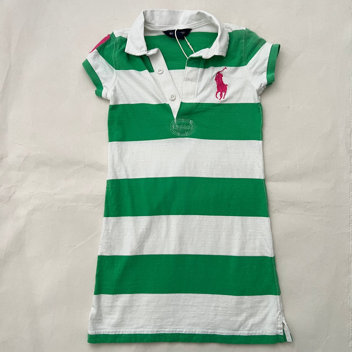 White Green Striped Hot Pink Logo V Neck Polo Shirt