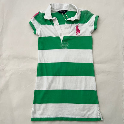 White Green Striped Hot Pink Logo V Neck Polo Shirt