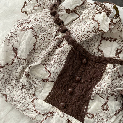 cache cache white brown floral embroidery design lace blouse