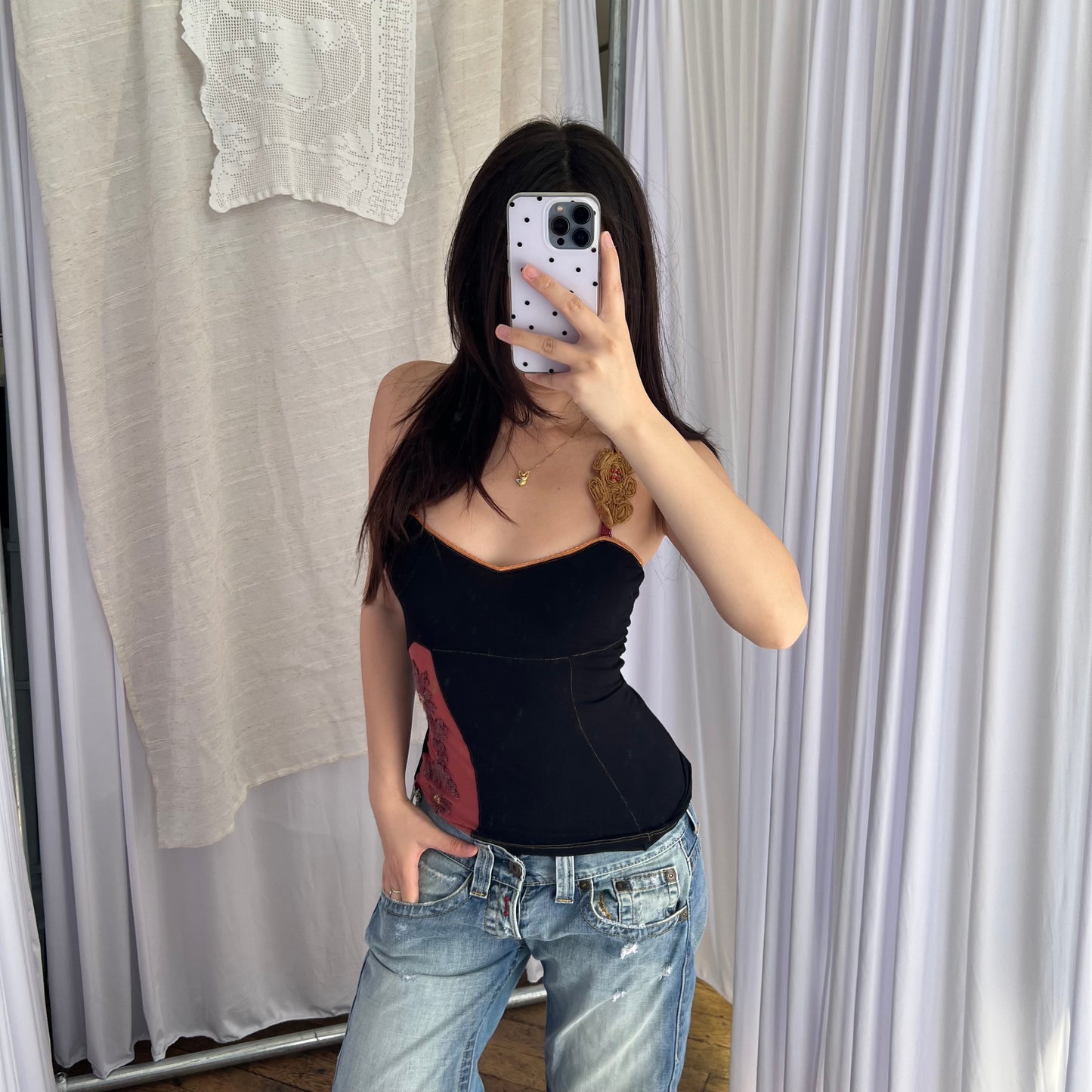 Shirt Passion Black Red Orange Floral Rosette Embroidery Camisole