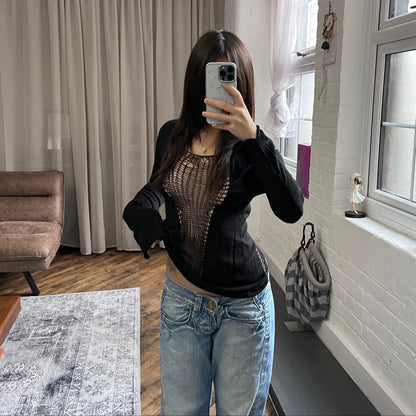 vintage hysterics rock and punk black long sleeve cobweb open distressed knit top