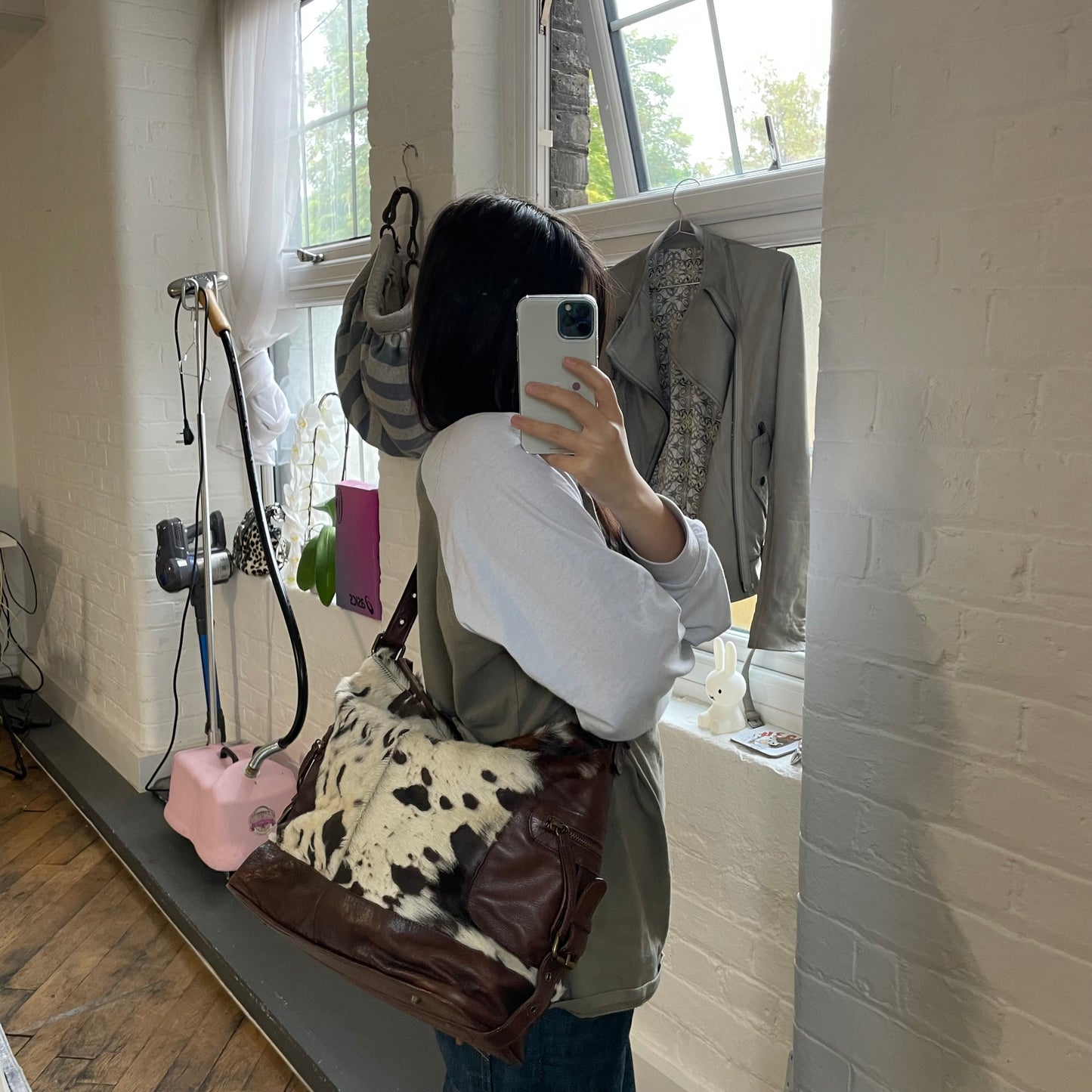 vintage oversized longobardi cow print pony hair x brown leather buckle bag