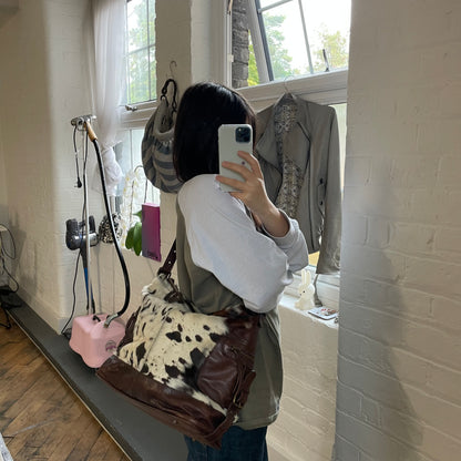vintage oversized longobardi cow print pony hair x brown leather buckle bag