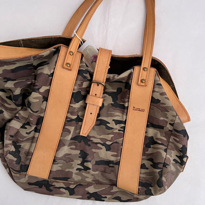Vintage Harry Hanny Handmade Tan Brown Leather Camo Print Tote Bag
