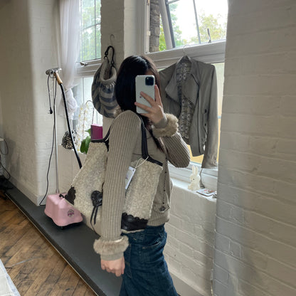 coquette boho roberto gandolfi cream mouton wool dark brown leather puff heart charm shoulder bag