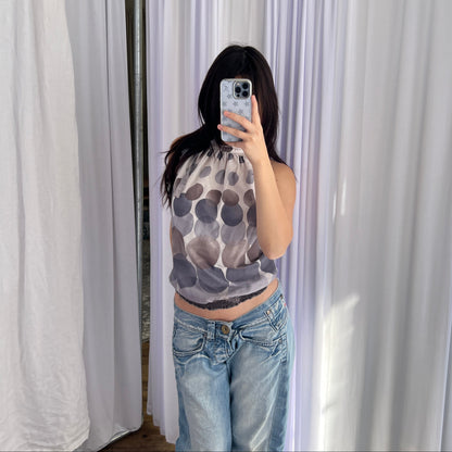 Camaieu White Grey Taupe Polka Dot Gradient High Neck Ribbon Blouson