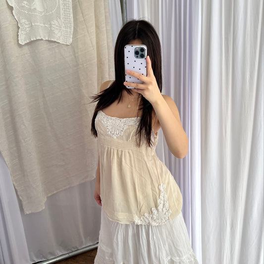 Bcbgmaxazria Cream Butter Yellow White Embroidery Lace Babydoll Camisole