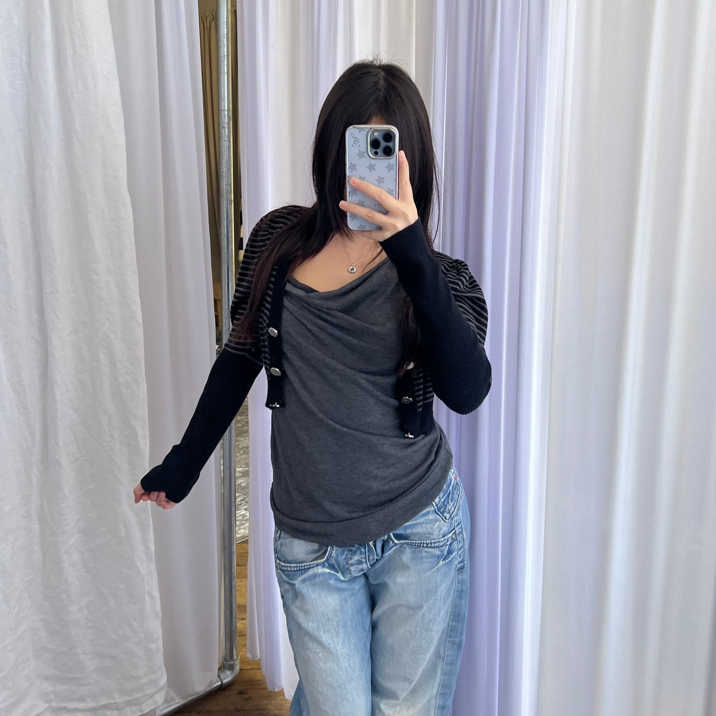 No Excuse Grey Navy Striped Puff Sleeve Cropped Fitted Cardigan