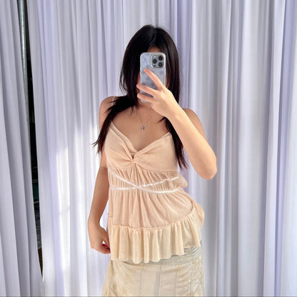 Kookai Apricot Beige Ruched Bust Ruffle Hem Criss Cross Babydoll Camisole