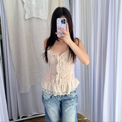 Morgan De Toi Beige Ruffle Lace Button Accent Camisole
