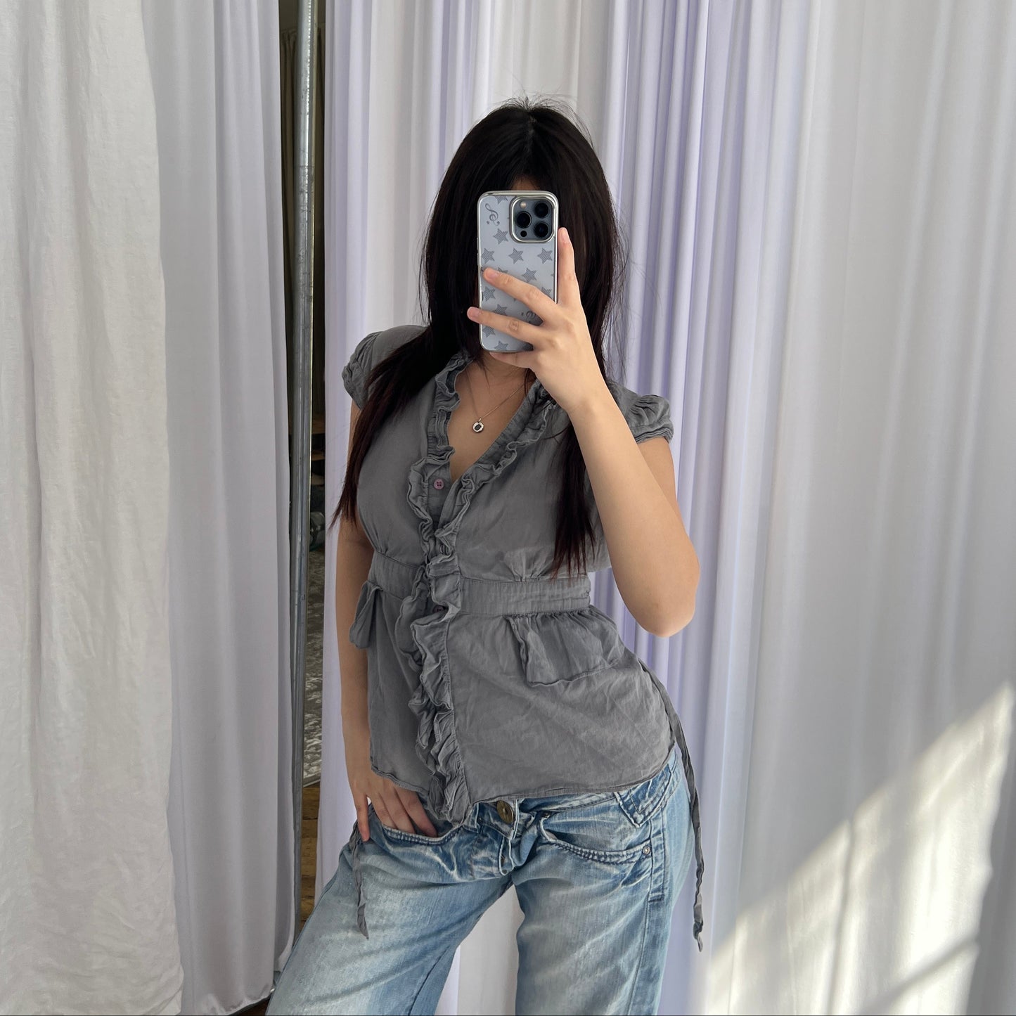 Grey Naf Naf Ruffle Cap Sleeve Fitted Tunic Blouse