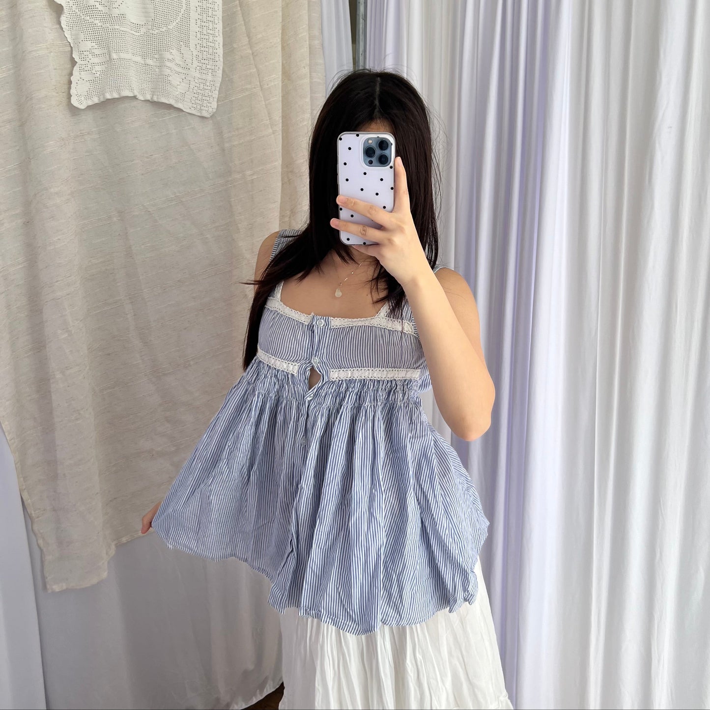 Blue Striped Souvenir Lace Embroidery Babydoll Blouson Top