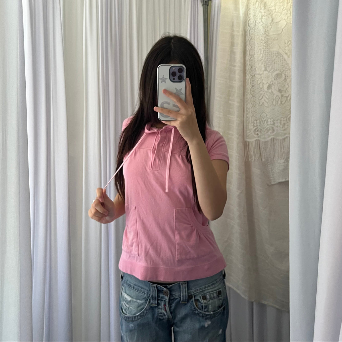 Pink Bape Cap Sleeve Ruched Crop Babydoll Tunic Hoodie