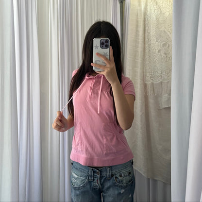 Pink Bape Cap Sleeve Ruched Crop Babydoll Tunic Hoodie