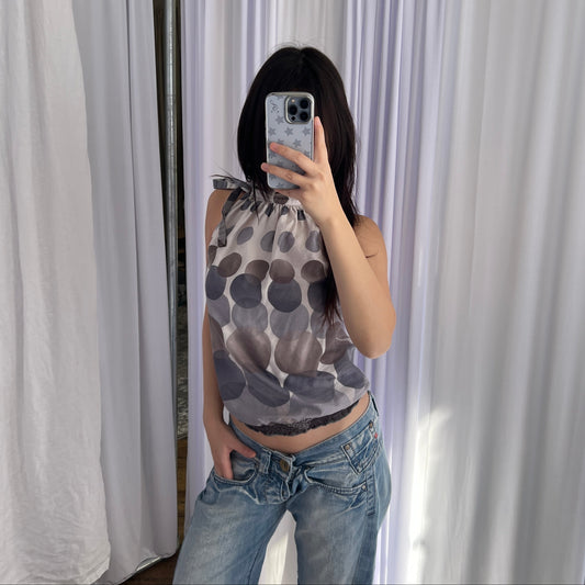 Camaieu White Grey Taupe Polka Dot Gradient High Neck Ribbon Blouson