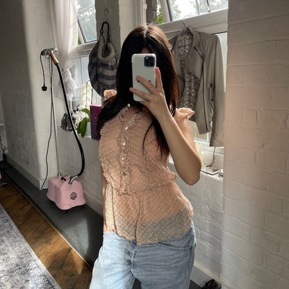 浪漫乡村风真丝混沌薄纱蜜桃色波点荷叶边法式短袖收口纽扣衬衫