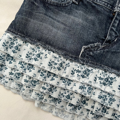 Guess Jeans Medium Wash Denim Blue Floral Ruffle Hem Mini Skirt