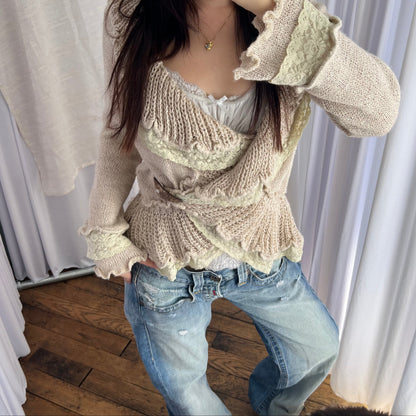Sepia Pink Beige Cream Frilly Lace Wrap Belt Loop 3/4 Sleeve Crop Cardigan Top