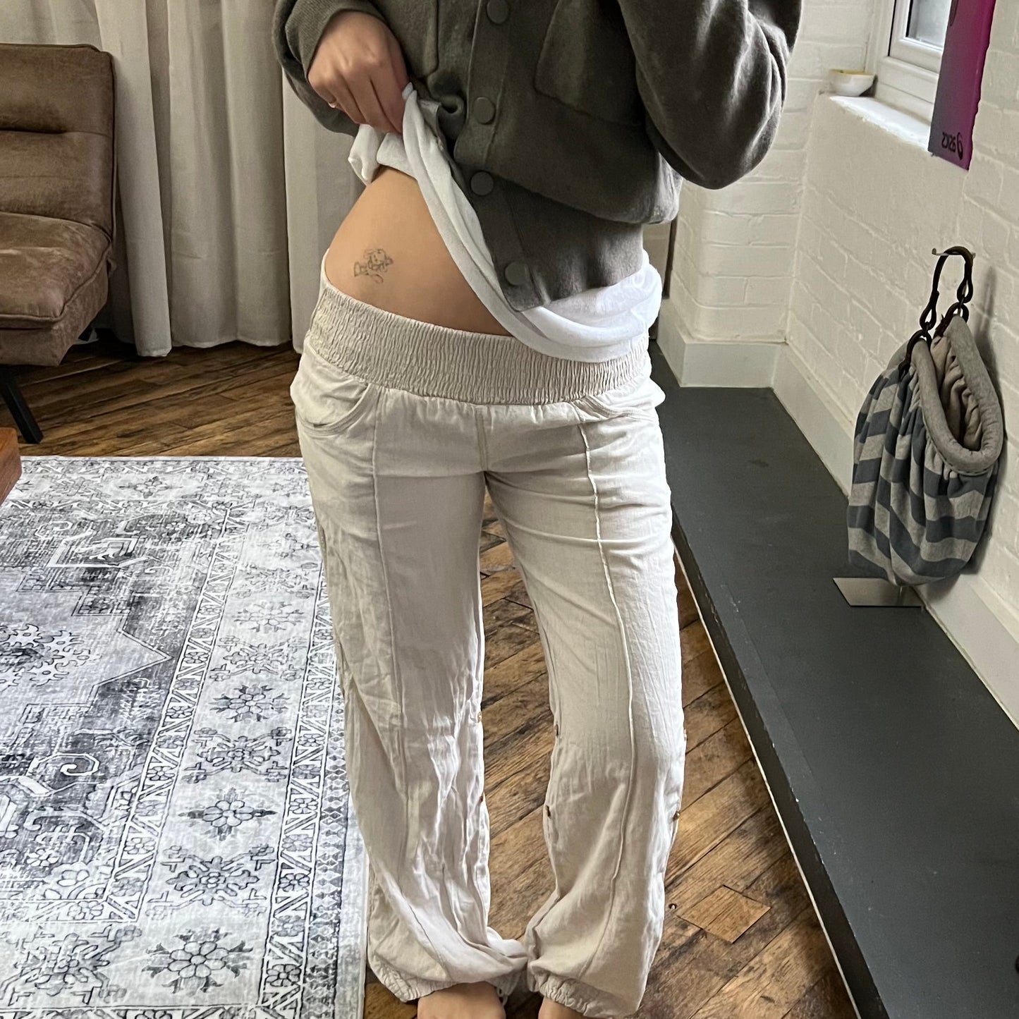 goa off white beige linen blend elastic waistband drawstring hem low rise harem trousers