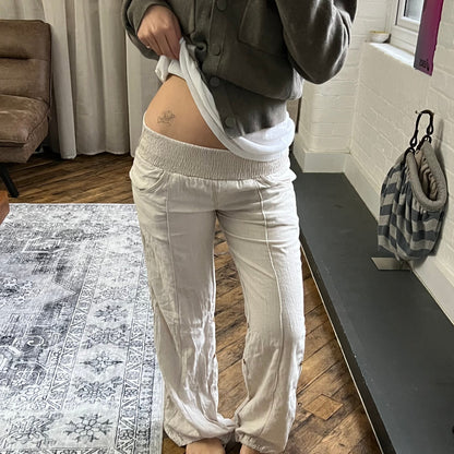 goa off white beige linen blend elastic waistband drawstring hem low rise harem trousers