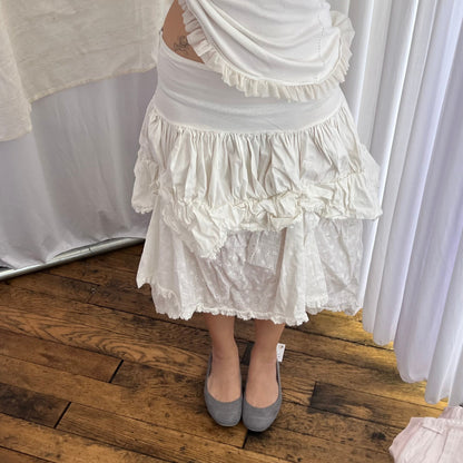 Prairie White Ruched Flared Broderie Anglaise Midi Skirt
