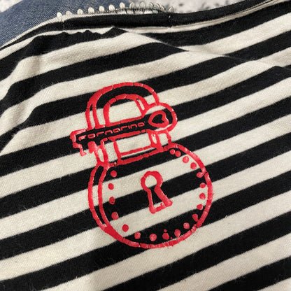 fornarina black white puffy red heart charm button striped puff sleeve top