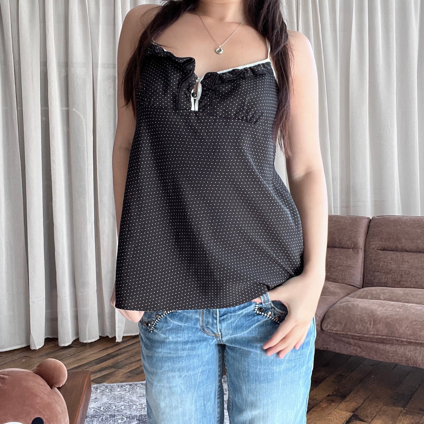 Promod Black Polka Dot White Built In Strap Camisole