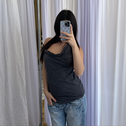 Cache Cache Grey Lace Back Draped Cowl Neck Sleeveless Top