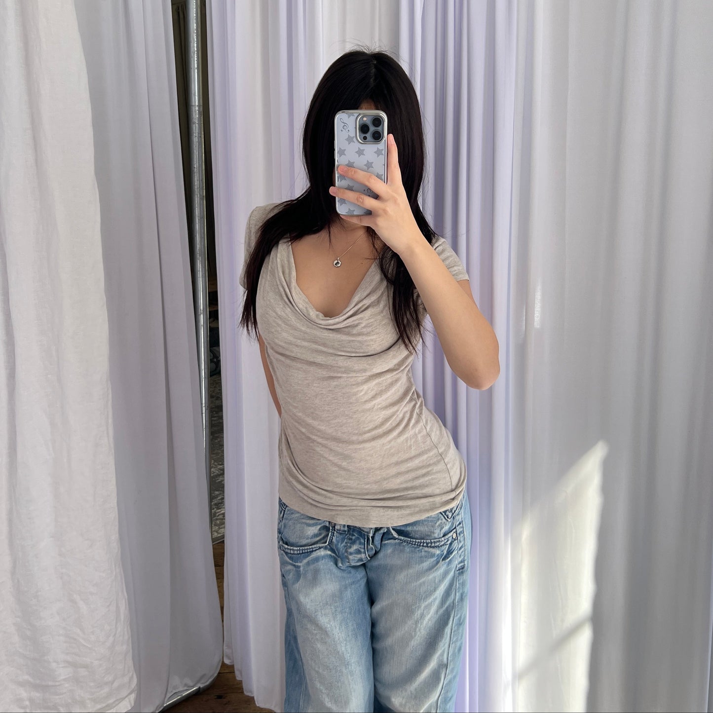 Camaieu Beige Speckled Draped Short Sleeve Blouse Top