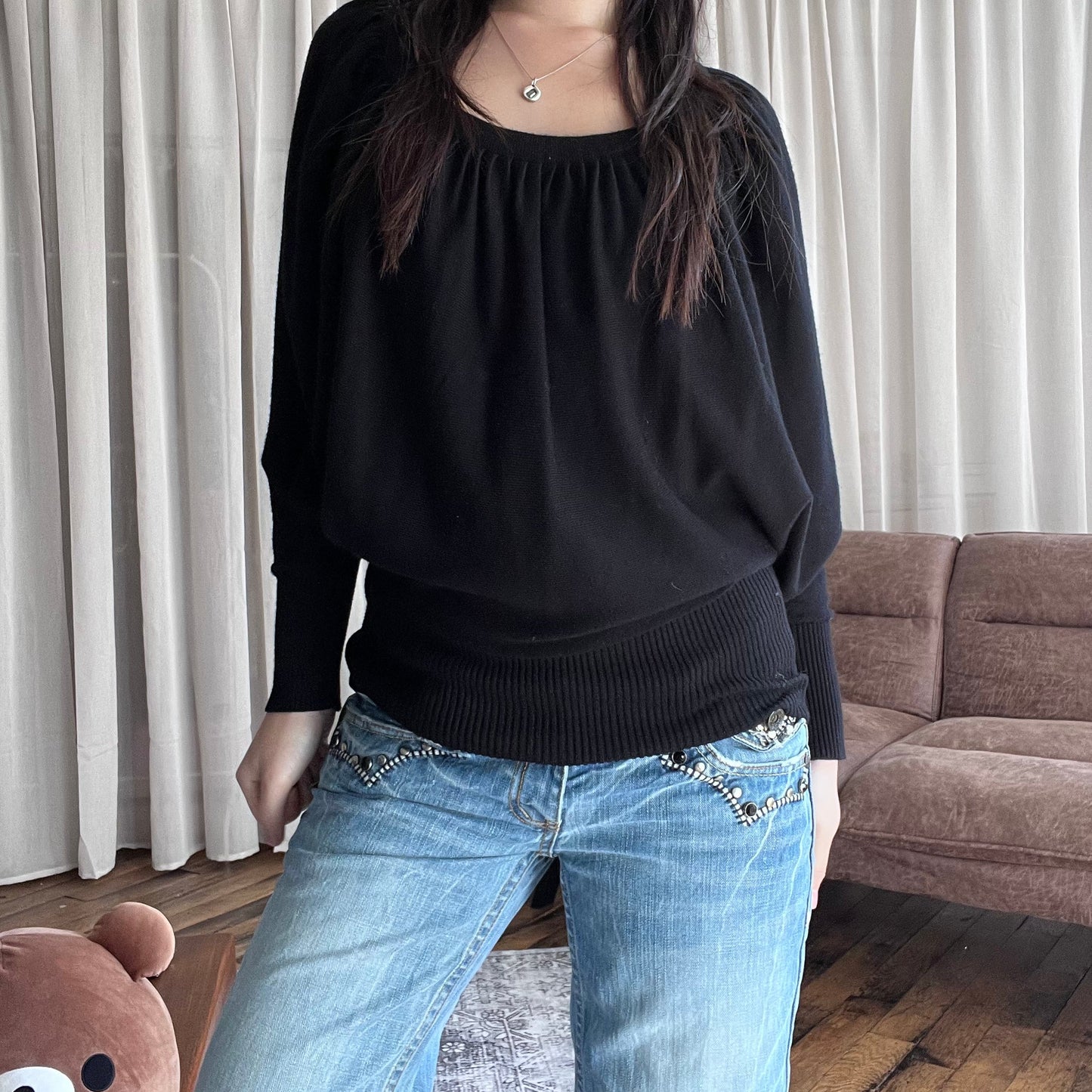 Jennyfer Black Slouchy Batwing Long Sleeve Cinched Waist Knit