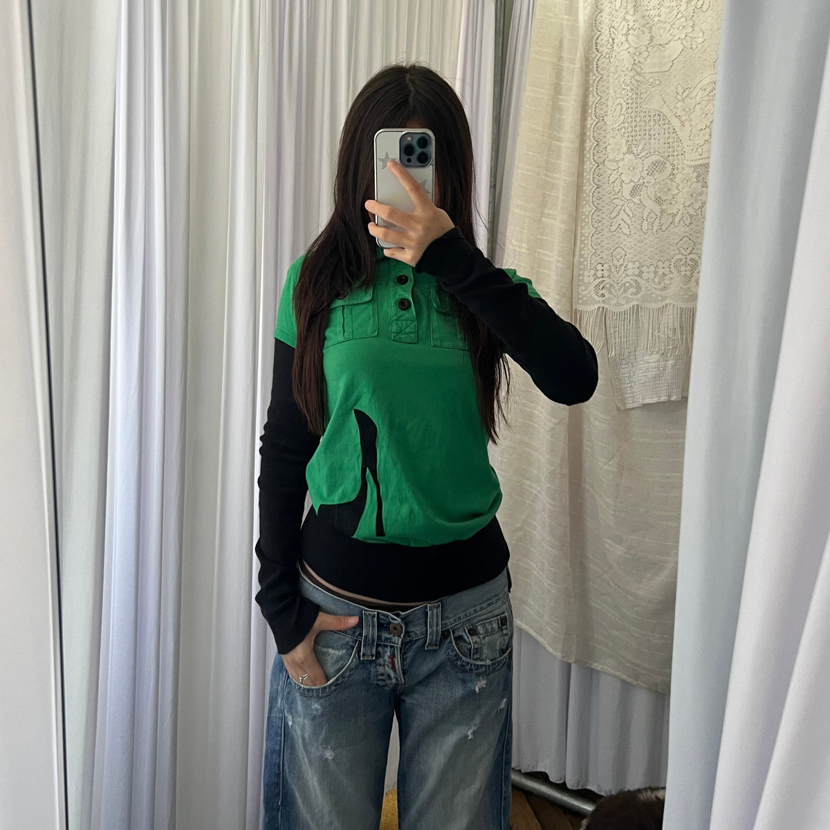 American Retro Green Black Layered Style Button Long Sleeve High Collar Top